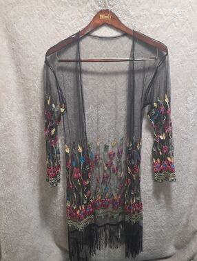 Sheer Black Embroidered Cross-Stitch Fringe Kimono